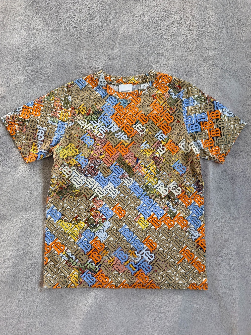 Burberry Beige Orange Multicolor TB Patterned Graphic T Shirt Size S